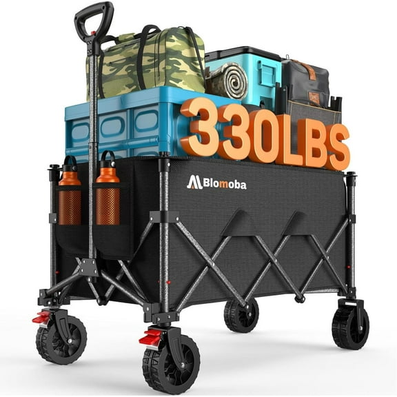 Folding Wagon Cart with Wheels, 180L 330LBS Heavy Duty Utility Wagon, Beach Wagon with All-Terrain Wheels, Portable Grocery Wagons for Camping, Shopping, Garden, Sports, Black