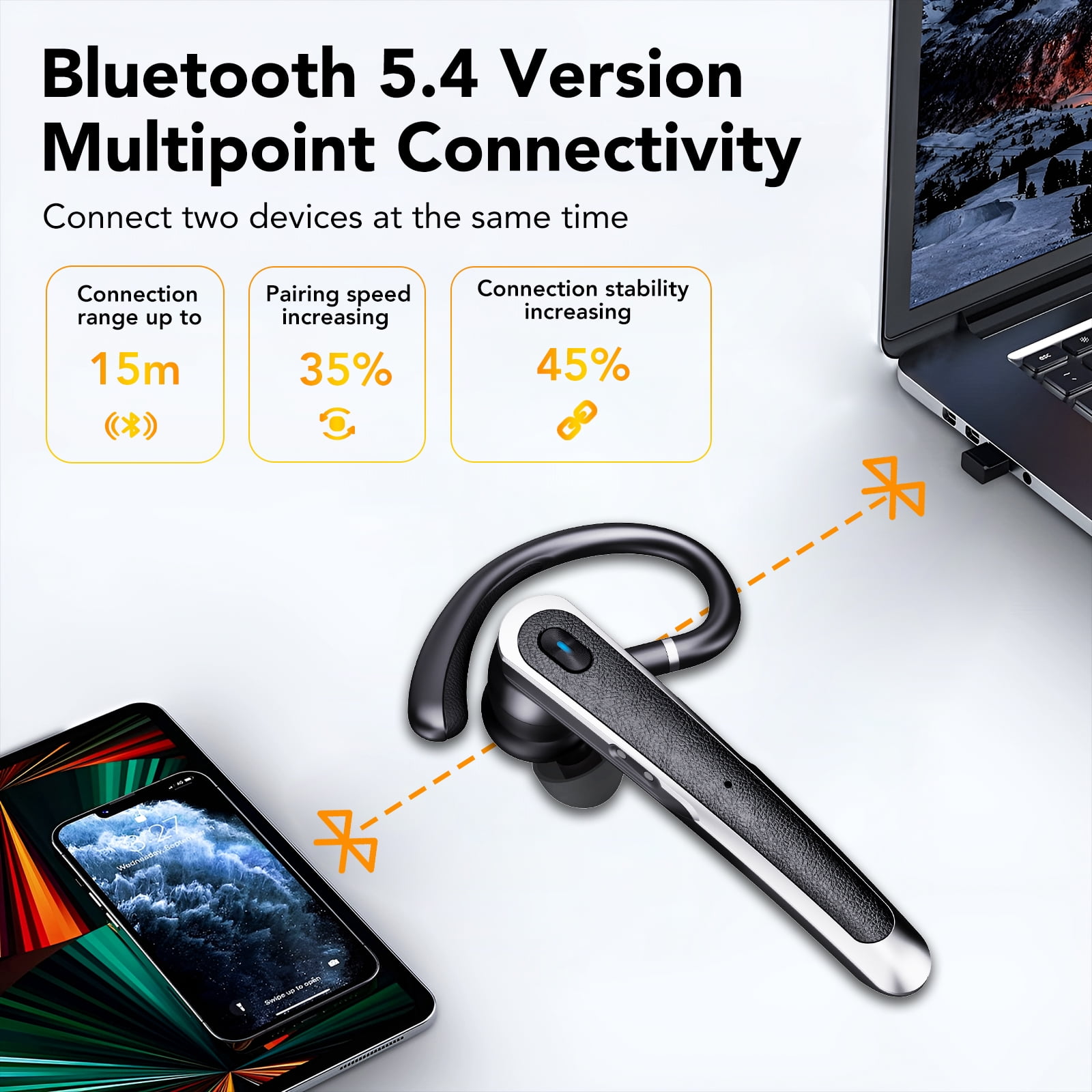 Bluetooth Headset V5.4, Wireless Bluetooth Earpiece, 65H Talk Time with LED Charging Case, Hands Free Noise Canceling Headphones, Wireless Headset with Mute Button for Cell Phones/Trucker/Home/Office