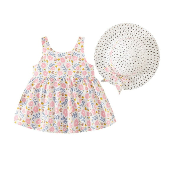 Odeerbi Toddler Dress Girls Floral Slip Dress Kids Suspenders Princess Dress with Hat Baby Clothes Outfits Pink