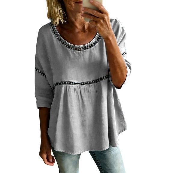 thefmos Women's Fall 3/4 Sleeve Round Neck Embroidery Boho Tops Solid Casual Basic Pullover Tshirt Loose Blouses Trendy Winter Vacation Fashion Clothes, Gray XL