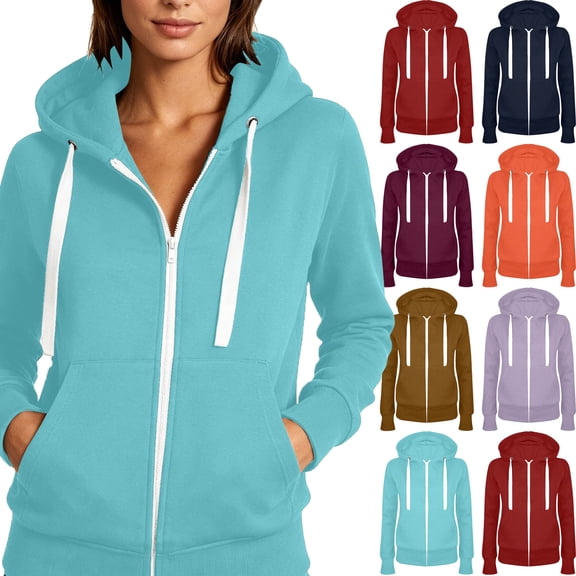 Women's Hoodie Dqueduo Women's Casual Hooded Slim Zip Fleece Sweater Coat – Fashion Winter Outwear Light Blue XL