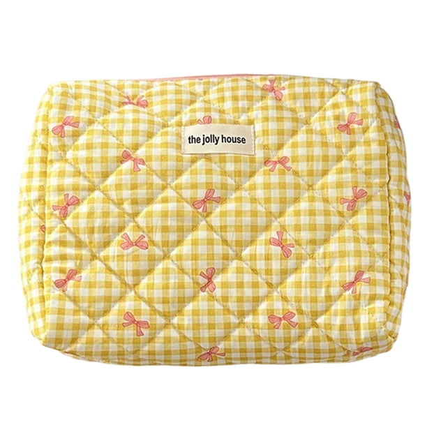 Estuche Organizador Cosméticos Maquillaje Checke Cute Bow Algodón Acolchado para Mujer Rojo