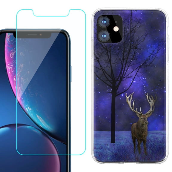 For Apple iPhone 11 Case , Slim-Fit TPU Protective Phone Case with Tempered Glass Screen Protector, by OneToughShield ® - Midnight Deer