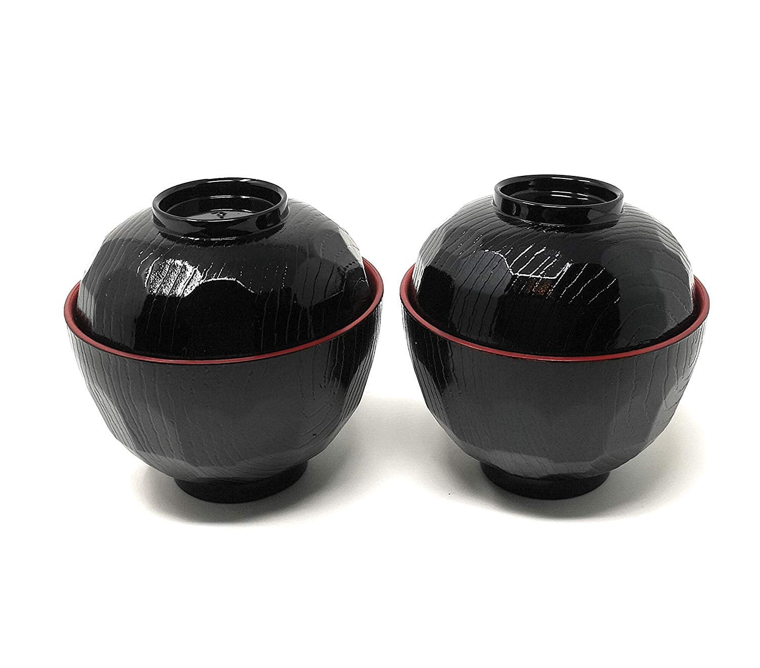 ASIAN HOME Japanese Rice and Soup Bowls With Lid, Black and Red, for