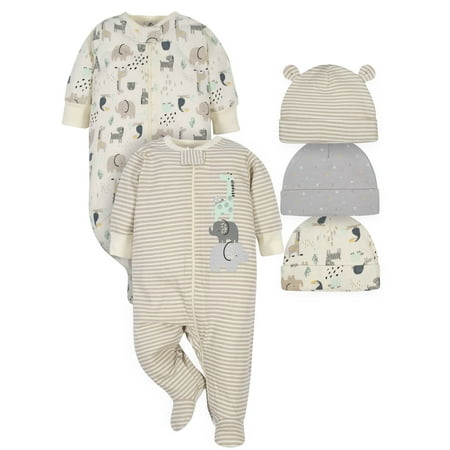 Gerber Baby Boy or Girl Gender Neutral Organic Sleep 'N Play Pajamas & Caps Bundle,