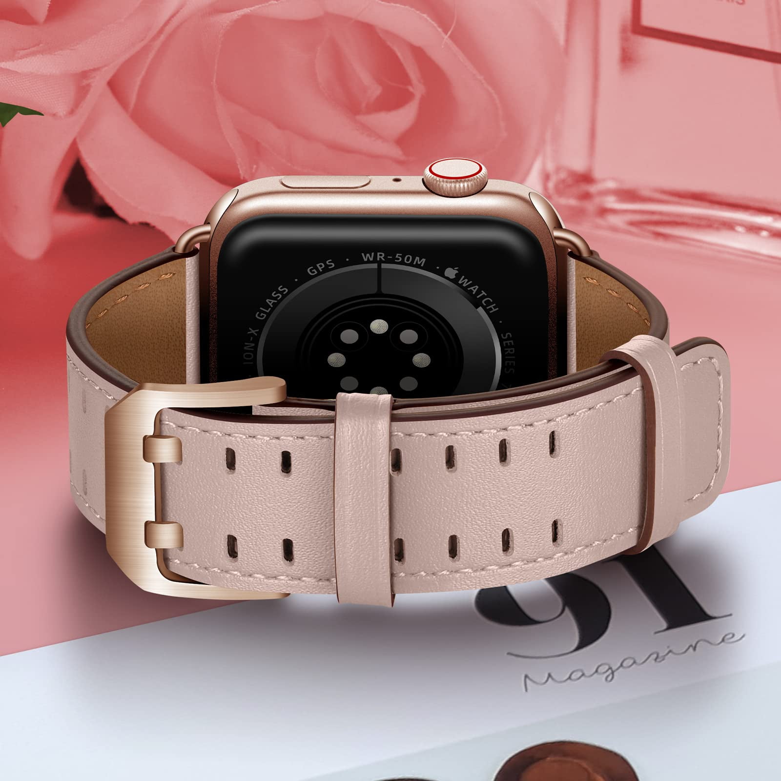 Women Apple Watch Band Pink Rose Leather Strap for iWatch 8-1 SE Series 38  40 41