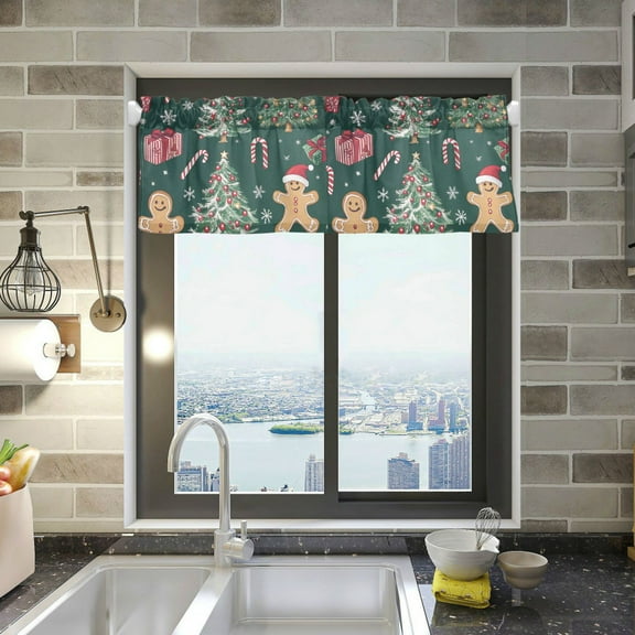 Yayeee Kitchen Valance Rod Pocket 54" x 18" Living Room Window Curtain, Red Christmas Gingerbread