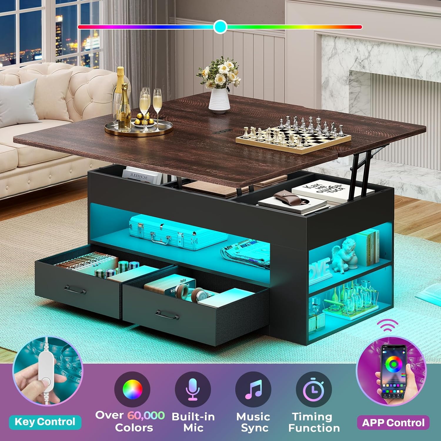 40" Farmhouse Lift Top Coffee Table, 4 in 1 Multifunction Lift Coffee Tables with 2 Drawers, Open Shelves and Hidden Compartment, Center Table with Wooden Tabletop for Living Room, Black & Brown Top