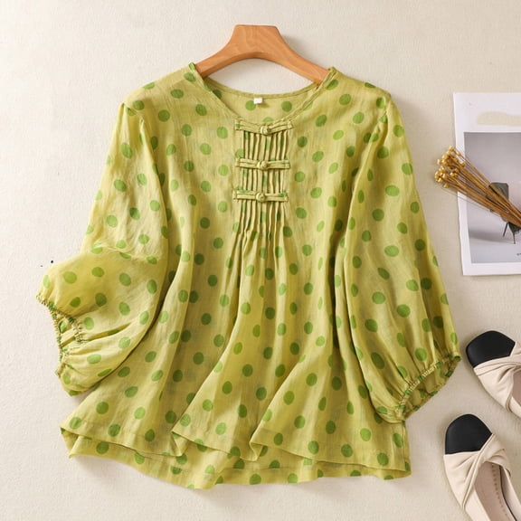 Qulqfy Short Sleeve Womens Blouse Casual Cotton Linen Crew Neck Polka Dot Button Down Green Spring Tie Women's Summer Tops L