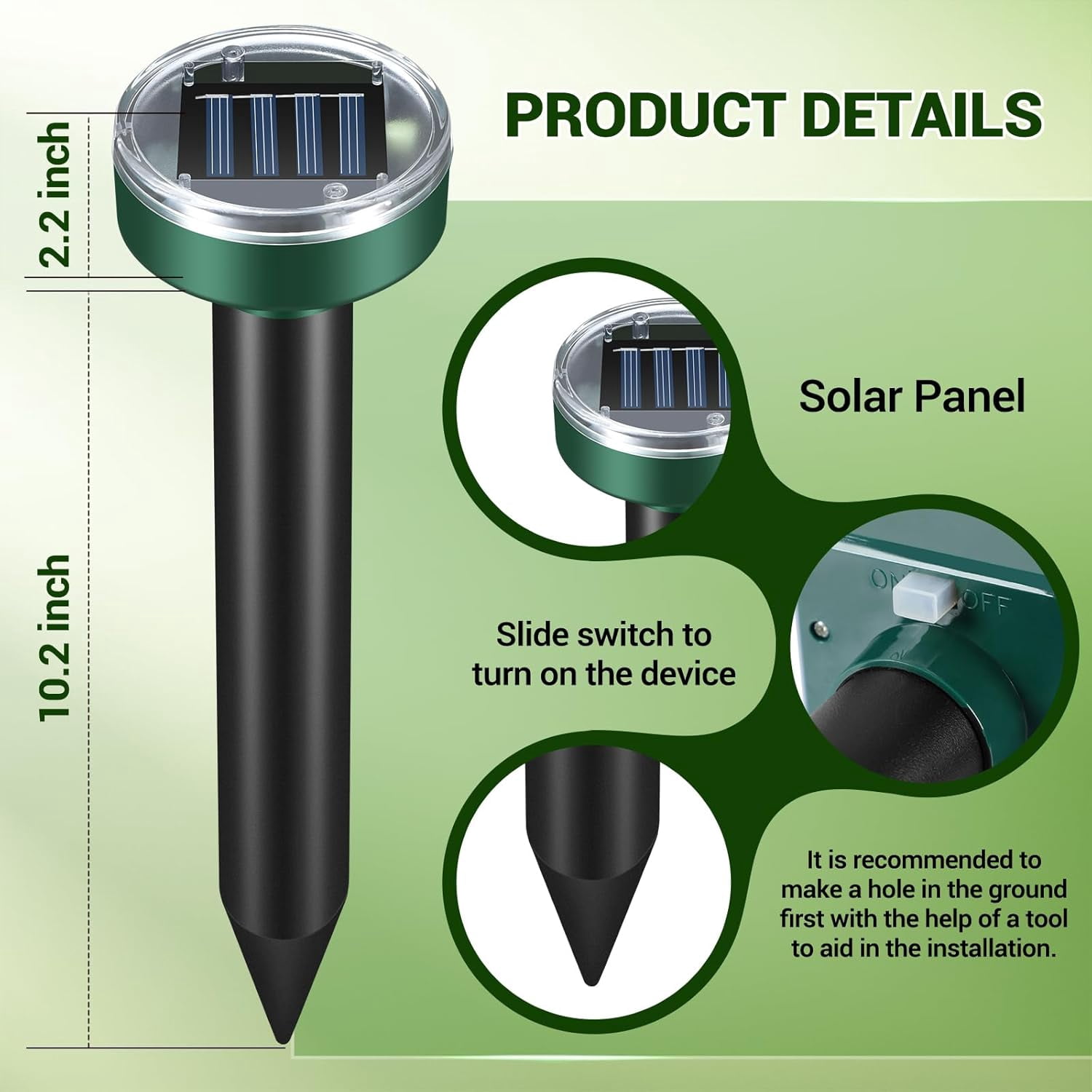 2026 Mole Repellent Solar Powered Stakes, Ultrasonic Outdoor Pest Repeller for Lawns & Gardens, Deer Deterrent, Green – 3 Shapes