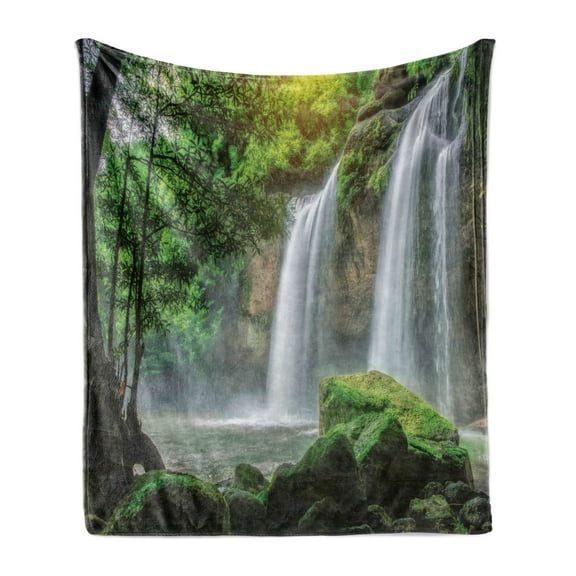 Waterfall Soft Flannel Fleece Throw Blanket, Cascade Stream in Exotic North National Park Paradise Nature Surreal Print, Cozy Plush for Indoor and Outdoor Use, 50" x 60", White Green, by Ambesonne