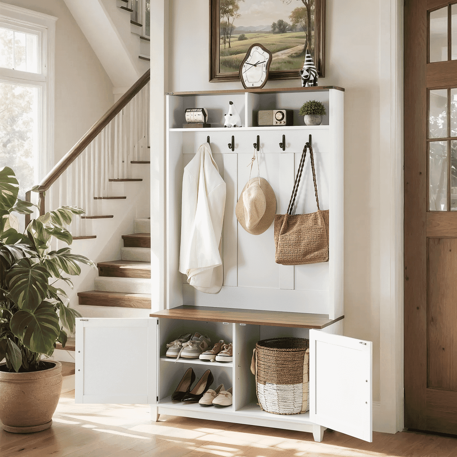 Dextrus Farmhouse Coat Rack with 14 Hooks, 4-in-1 Hall Tree with