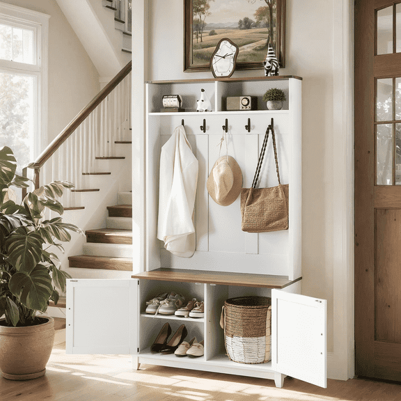 Erinnyees 68" Farmhouse Hall Tree, Entryway Bench, with Bench and Shoe Storage, Coat Rack, 2 Open Compartments, 5 Coat Hooks, Adjustable Shelf