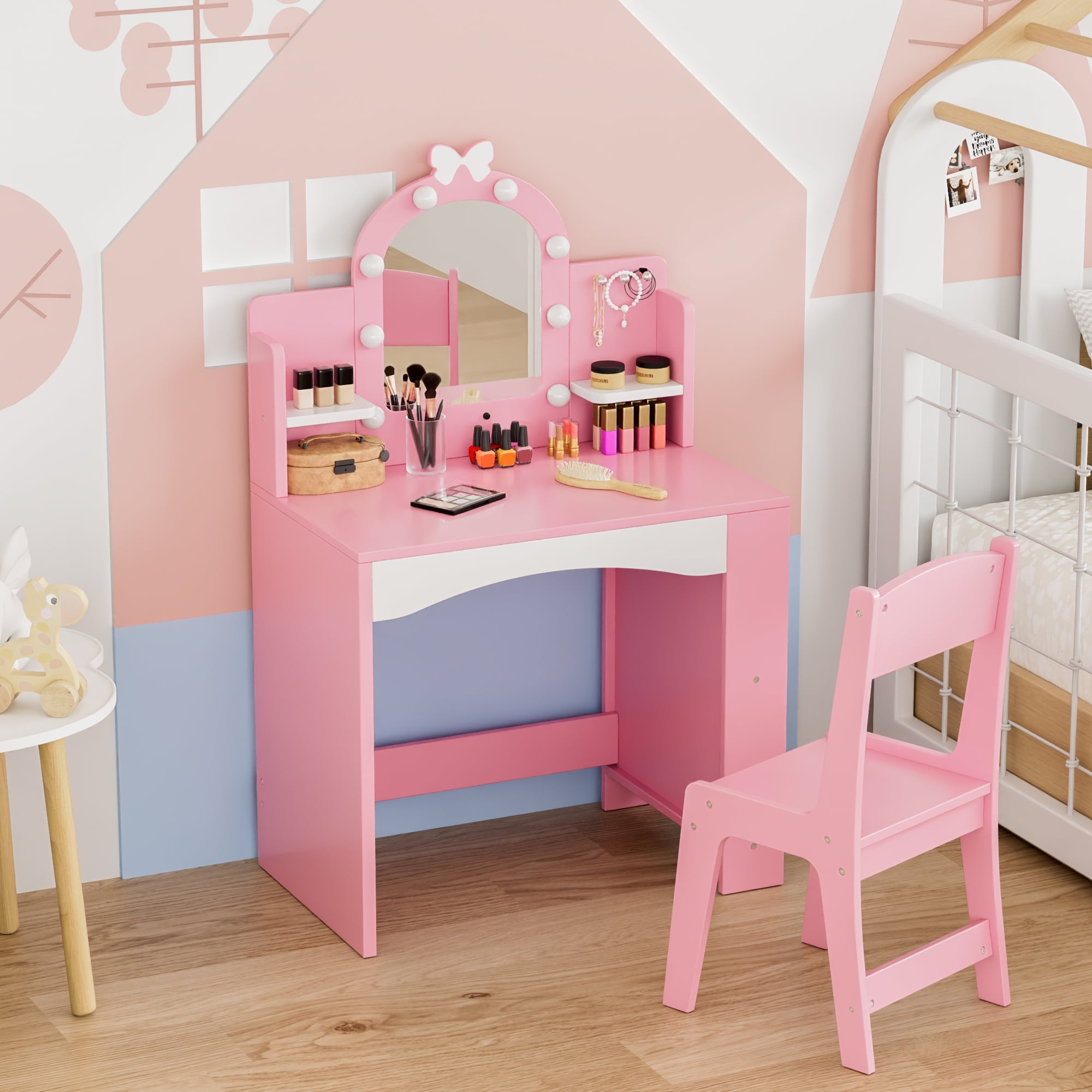 Reasea Kids LED Lights Vanity Table Set,Kids Vanity Table and Chair Set,Pink