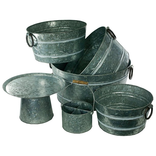 Saltoro Sherpi Galvanized Metal Party Tubs with Handles, Gray, Set of 6