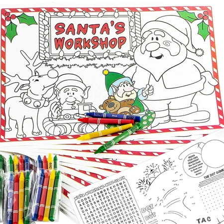 Interactive Xmas Kids 200 Paper Placemats and 50-4 Pk Crayons Set. Disposable, Eco Friendly Activity Mats With Coloring Space. Non Toxic, BPA and Lead Free Commercial Restaurant-Grade Dinner