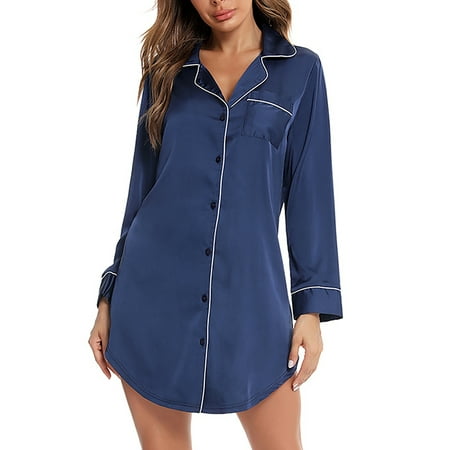 

Glonme Ladies Night Gowns Lapel Collar Nightgowns Solid Color Sleep Dress Autumn Soft Sleepwear Front Pocket Long Sleeve Pajama Dresses Navy Blue L