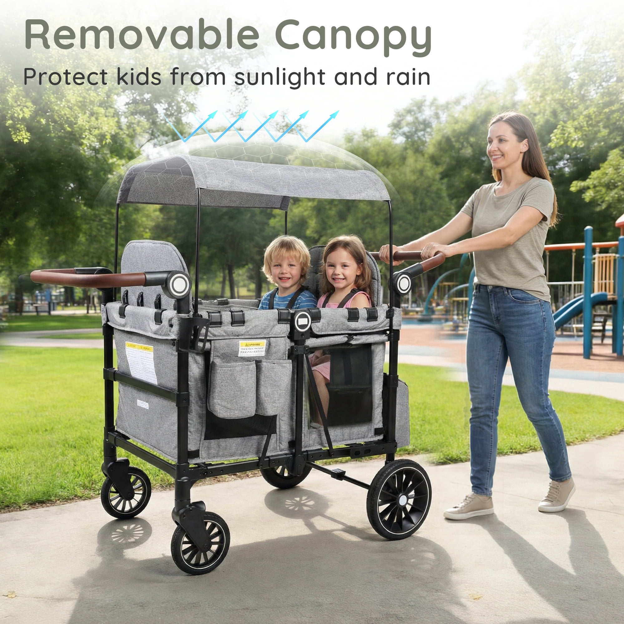LINLUX Wagon Stroller for 4 Kids, Stroller Wagon 4 Seats w/Adjustable Handle, Detachable Tray, Gray