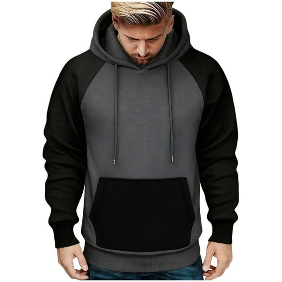Color Block Hoodies for Men Trendy Fleece Long Sleeve Pullover Drawstring Hooded Patchwork Sweatshirt with Kange Pocket (L, Dark Gray)