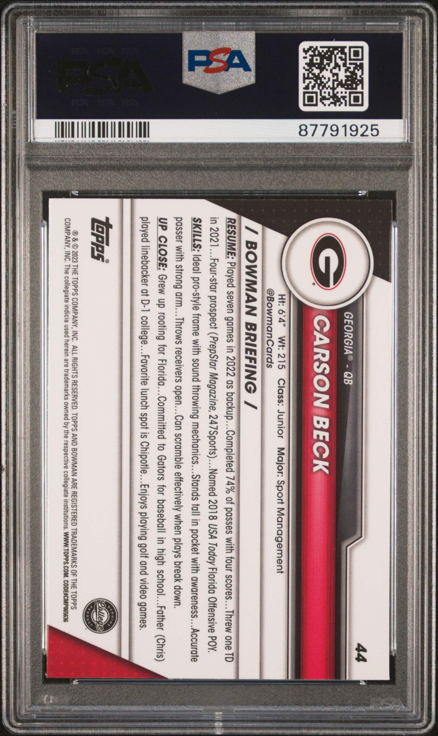 Graded 2023 Topps Bowman U Chrome Carson Beck #44 Xfractor Rookie RC Football Card PSA 10 Gem Mint