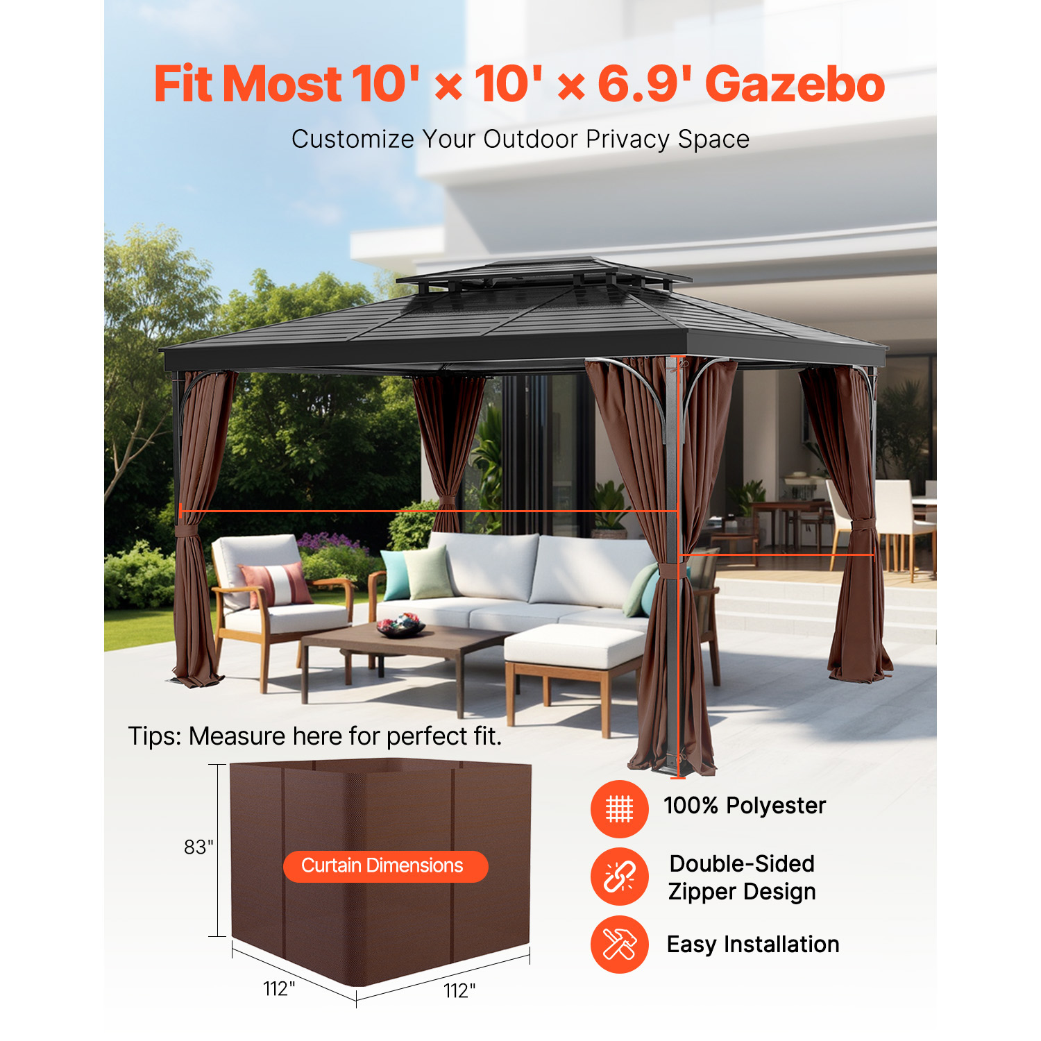 KFFKFF Outdoor Waterproof Gazebo Curtains, 10' x 10', 4-Panel Privacy Sidewalls with Zippers, 6.9' Tall Universal Sunshade Replacement for Patio Canopy, Only Curtains, Coffee