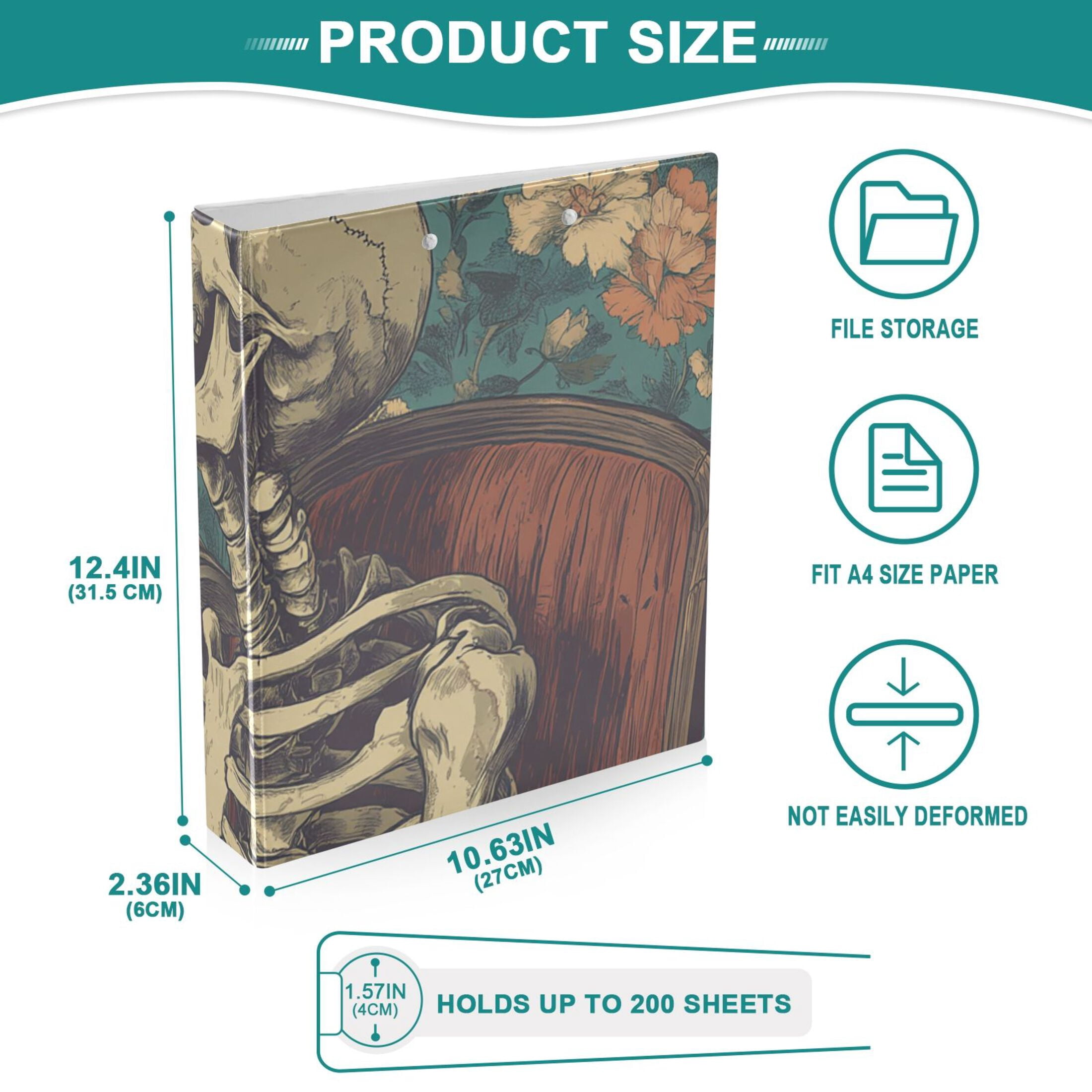 Skeleton on Chair 3 Ring Binders 1.5 inch Hardcover File Folders with Interior Pockets A4 Size Organizer for School Office Hospital