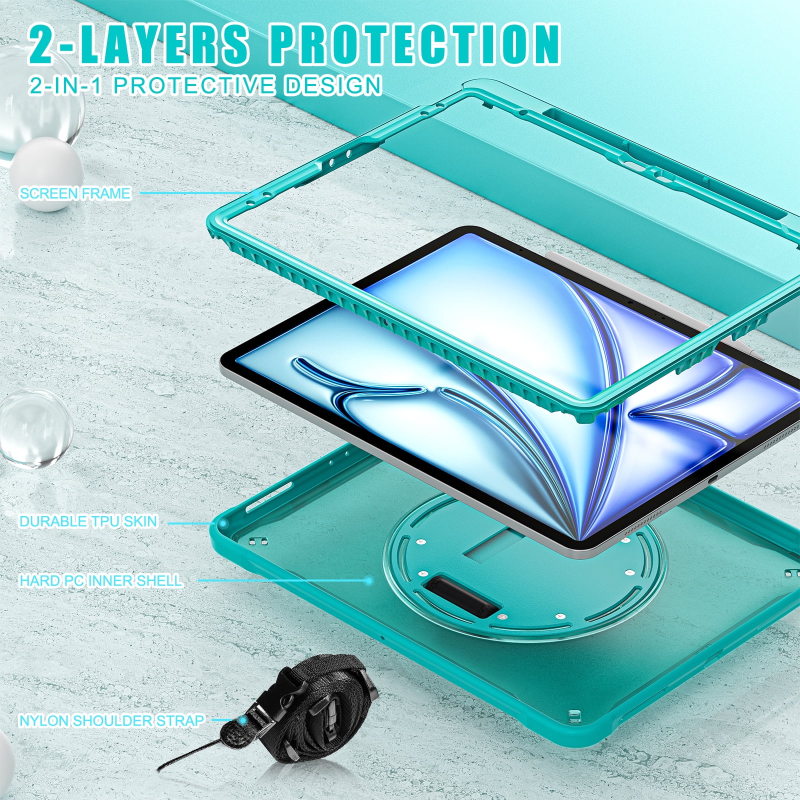 Dteck Case for iPad Air 13 inch 2025/2024,Military Grade Shockproof Silicone Cover 360° Rotatable Stand- Shoulder Strap- Handle- Pencil Holder for iPad Air 13-in. M3/M2,Blue