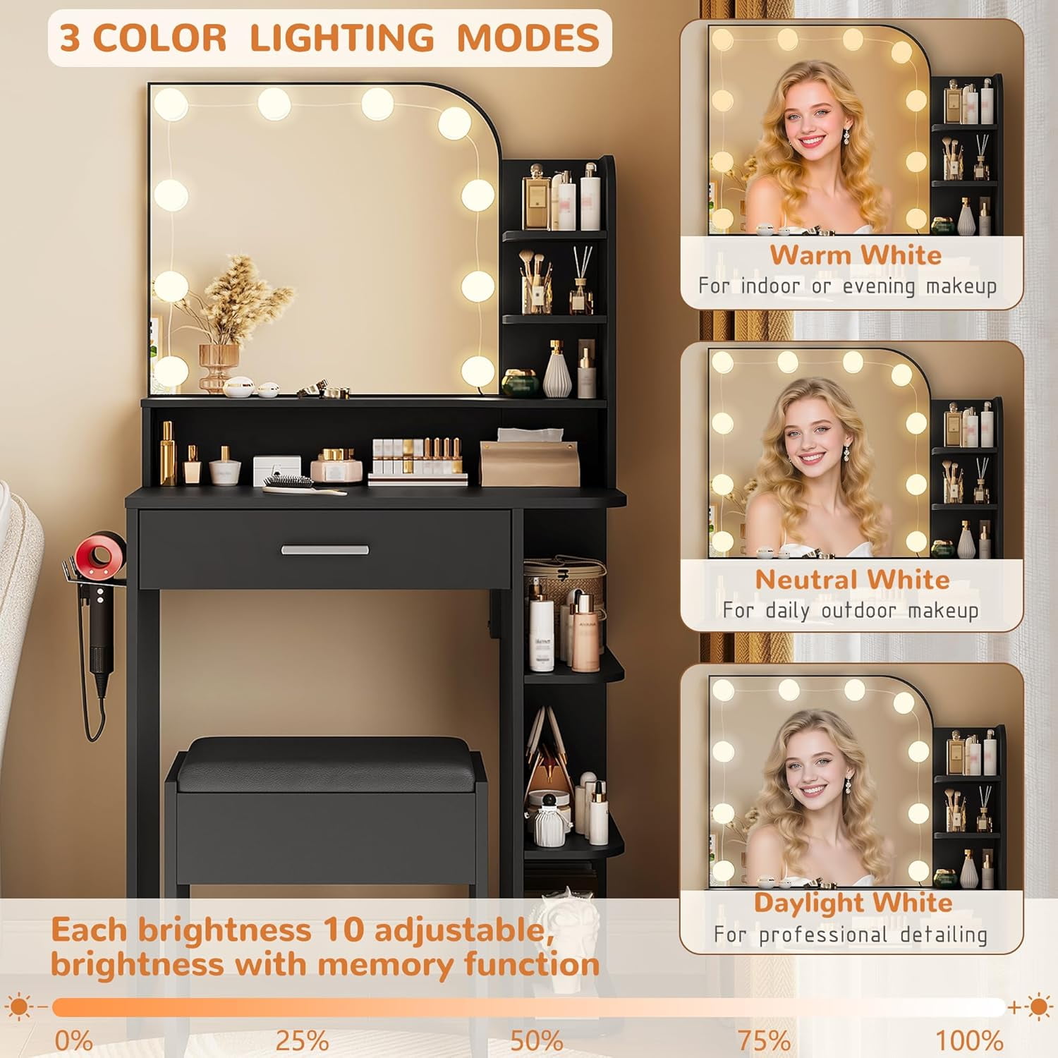 makeapile Makeup Vanity with Chair, Small Vanity Desk with Mirror , Lights 3 Colors and Power Outlet, Compact Vanity Table for Small Space, Black