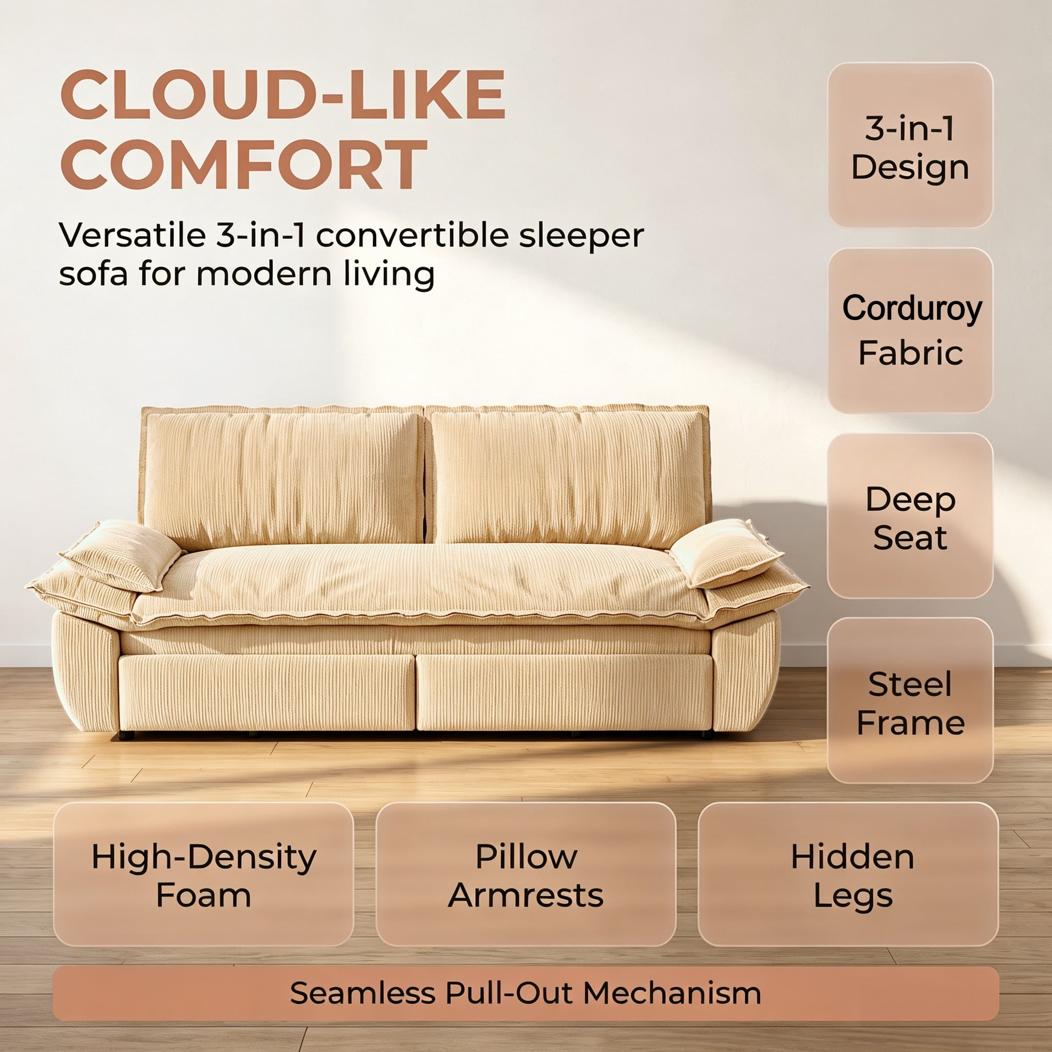 3-in-1 Queen Convertible Sleeper Sofa Bed, 73.2" Corduroy Pull Out Couch with Extra Deep Seat & Pillow Top Armrests, Modern Folding Futon Lounge, Camel