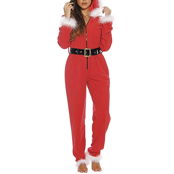 Sunsiom Unisex Christmas Hooded Pajamas Zip Up One Piece Santa Claus Cosplay Costume Festival Romper Walmart Com