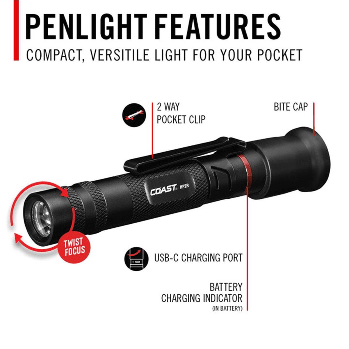 COAST 31107 Rechargeable Twist Focus Flashlight Dual Power AC DC USB