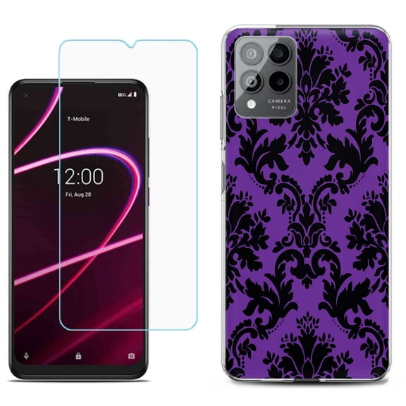 Slim-Fit Gel TPU Phone Case for T-Mobile Revvl 6 Pro 5G, with Tempered Glass Screen Protector, by OneToughShield ® - Victorian Purple/Black