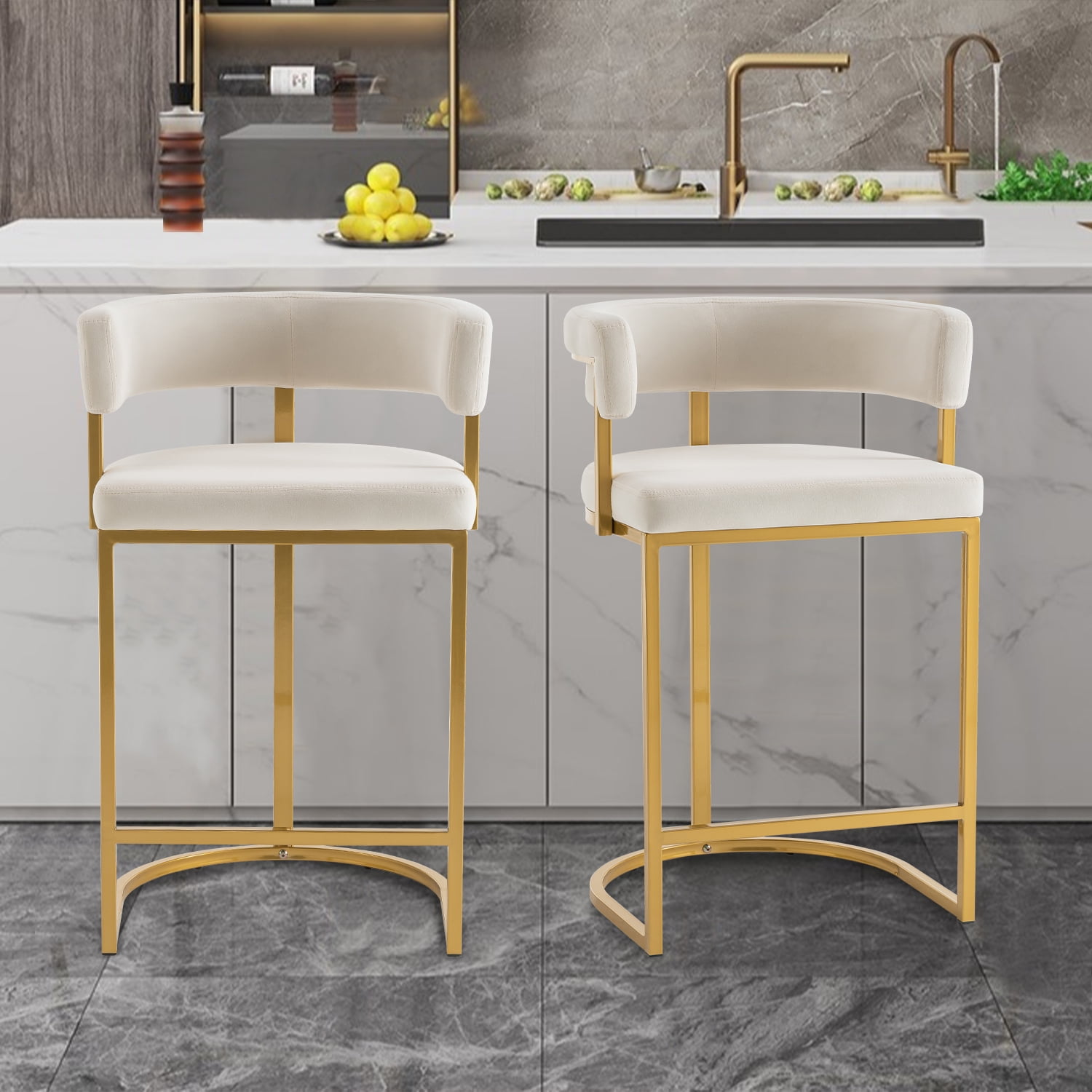 Set of 2 Beige Modern Velvet Bar Stools with Barrel Backrest, Upholstered Seat, and Gold Metal Footrest 25.6 inch Seat Height, Ideal for Counters, Home Bars, and Kitchen Islands