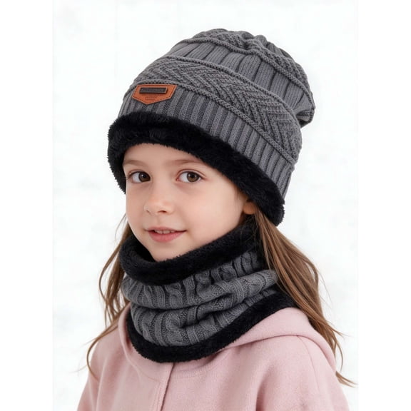 Deago Kids Winter Hat and Scarf Set Warm Knit Beanie Cap and Circle Scarf with Fleece Lining for Children Boys Girls (Gray)