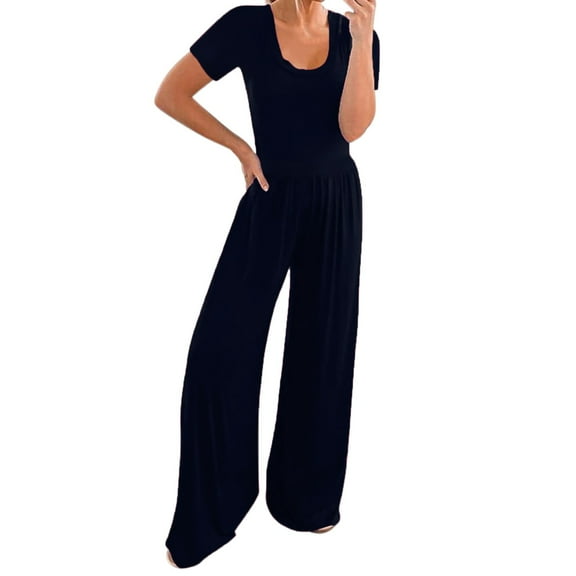 Riforla Womens Summer Short Sleeve Jumpsuits High Waist Low Cut Casual Scoop Neck Fit and Flare Long Pants Rompers Jumpsuits for Women Navy S