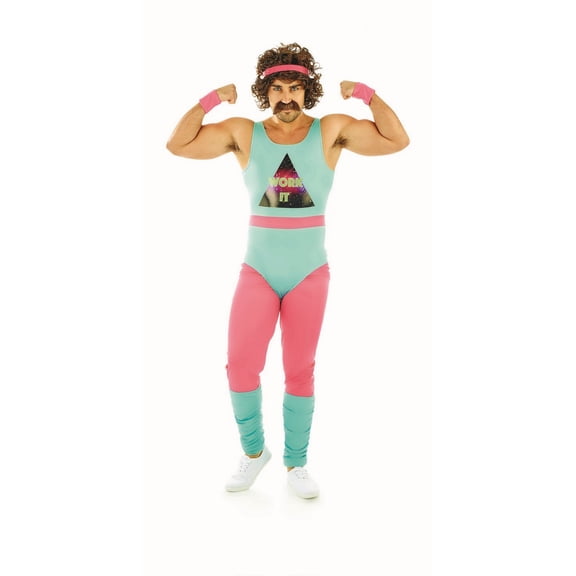 Fun Shack Mens 80s Fitness Instructor Costume Adult Retro Leotard Aerobics Halloween Blue XL
