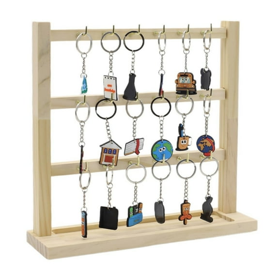 Wood Keychain Display Stand For Vendors And Home: Square Wooden Keychain Display Stand With 18 Hooks 3 Tier