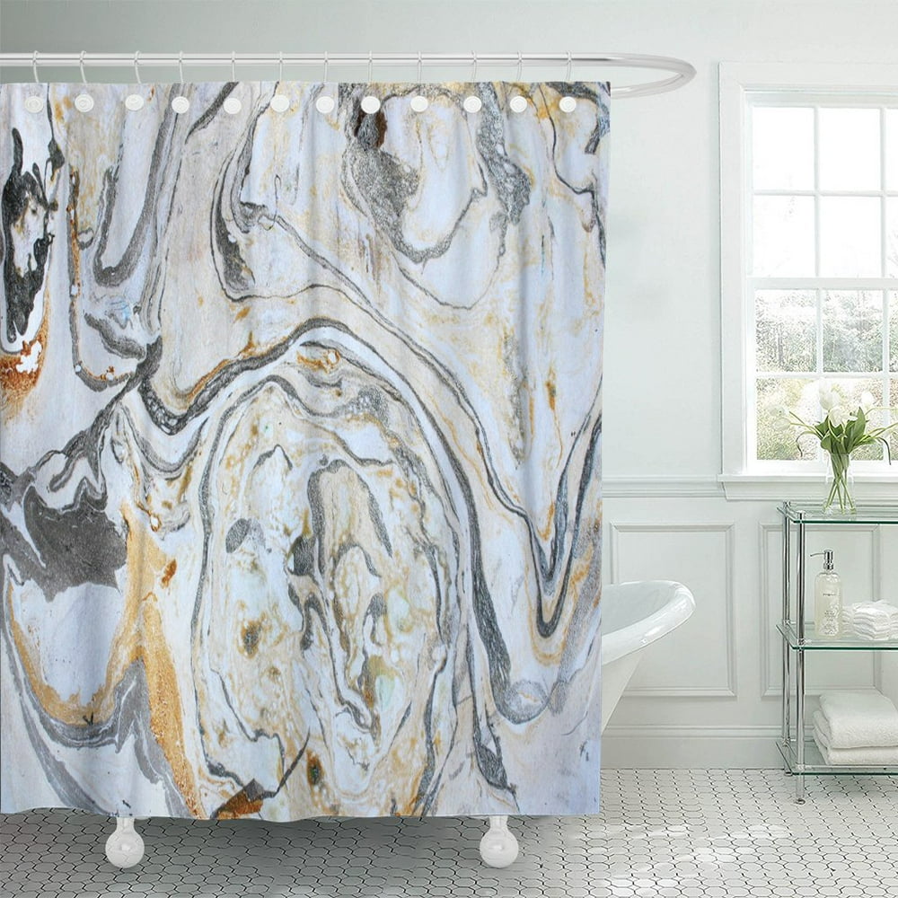 PKNMT Abstract Marbling Ink Hand Black White Gold Silver Shower Curtain