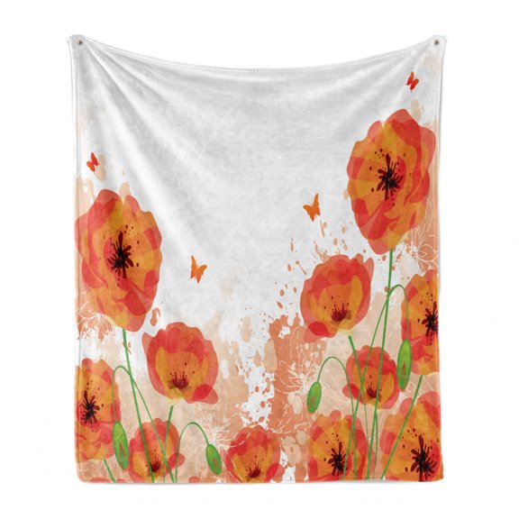 Poppy Flower Soft Flannel Fleece Throw Blanket, Digital Watercolors Design of Poppy Classic Botany Bouquet Patterns Print, Cozy Plush for Indoor and Outdoor Use, 60" x 80", Red White, by Ambesonne