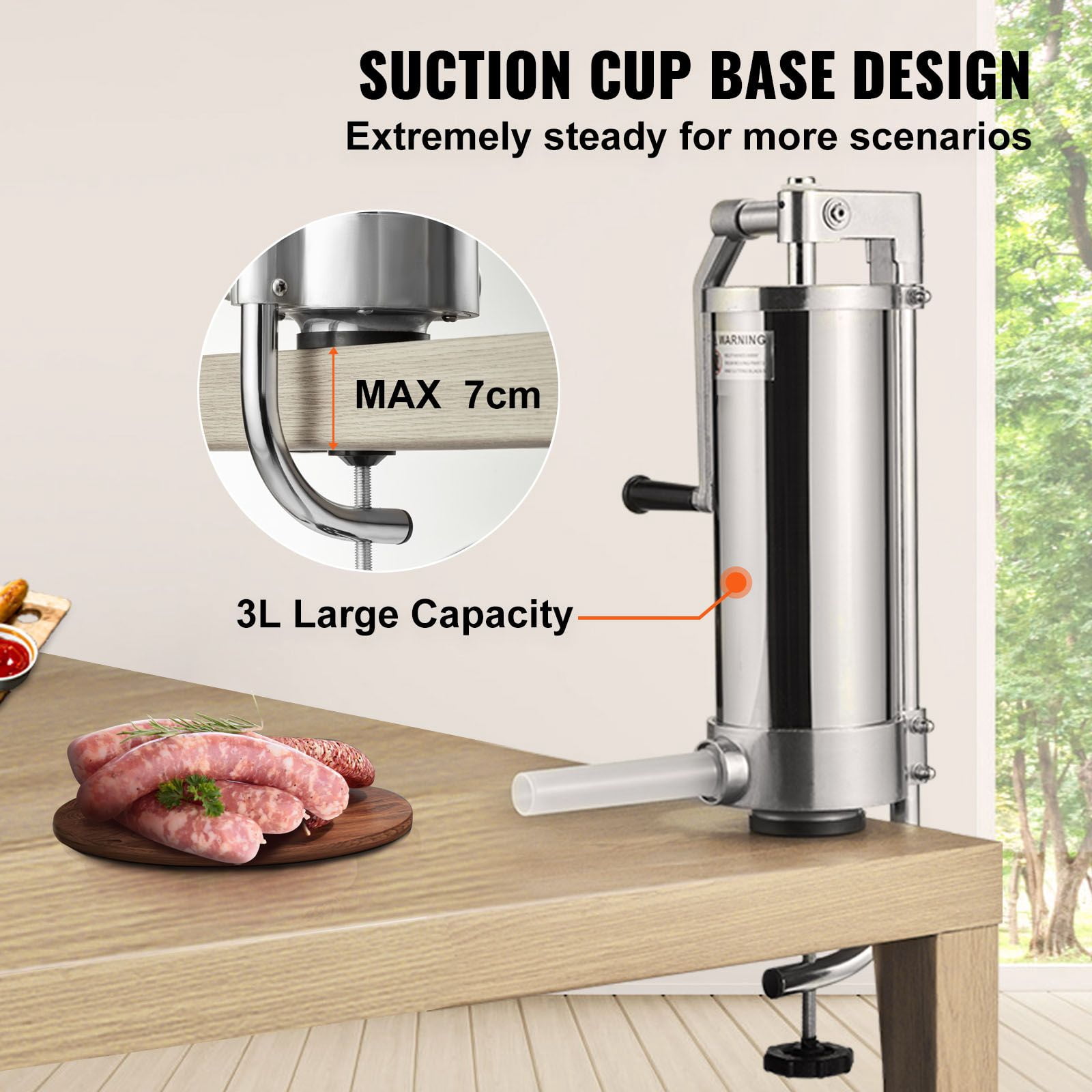 Sausage Stuffer 5 lbs Capacity, 304 Stainless Steel, 3 Filling Tubes, Suction Base, Air Release Valve for Home Commercial Use