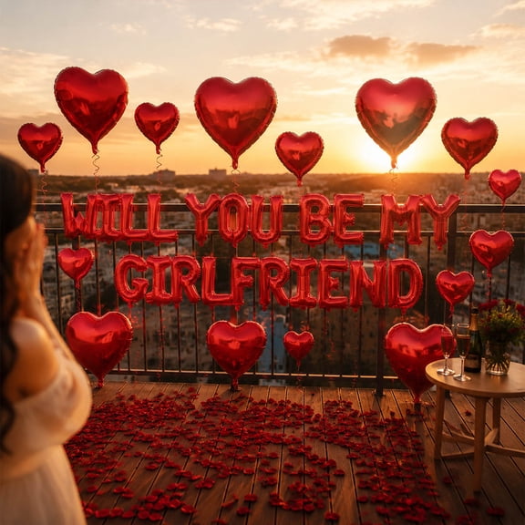Will You be My Girlfriend Balloons and Heart Balloons with Rose Petals, Red Letter Balloon for Valentines Day Decorations Wedding Anniversary Engagement