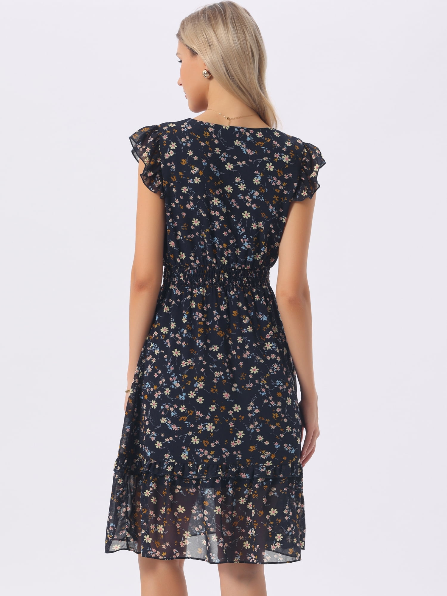 DARING DIVA Women's Floral Summer V Neck Flutter Sleeve Ruffle Dress XL Dark Blue Yellow