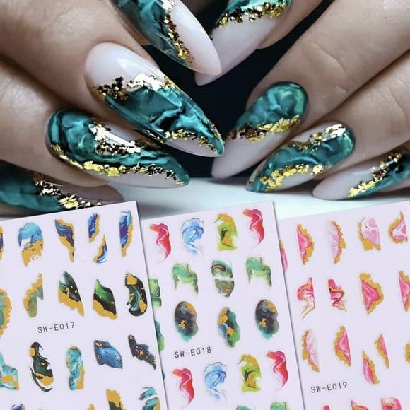 Nail Art Stickers Decals 3D Self-Adhesive Marble Wave Stripe Nail Stickers Colorful Geometric Abstract Line Nail Decals Design Nail Art Supplies for Women Girls (3 Sheets)