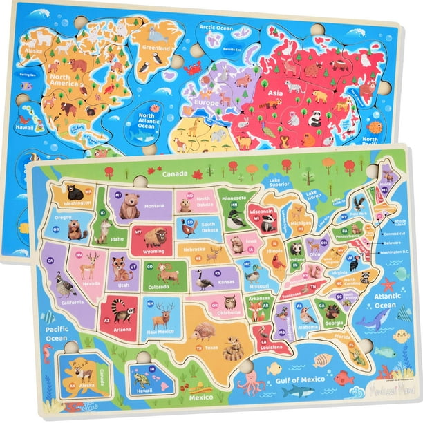 Montessori Mama Rompecabezas de madera para niños de 4 a 6 años Estados Unidos y Capitolios Mundo Continentes y océanos Juego combinado de rompecabezas para niños 2 rompecabezas para niños pequeños
