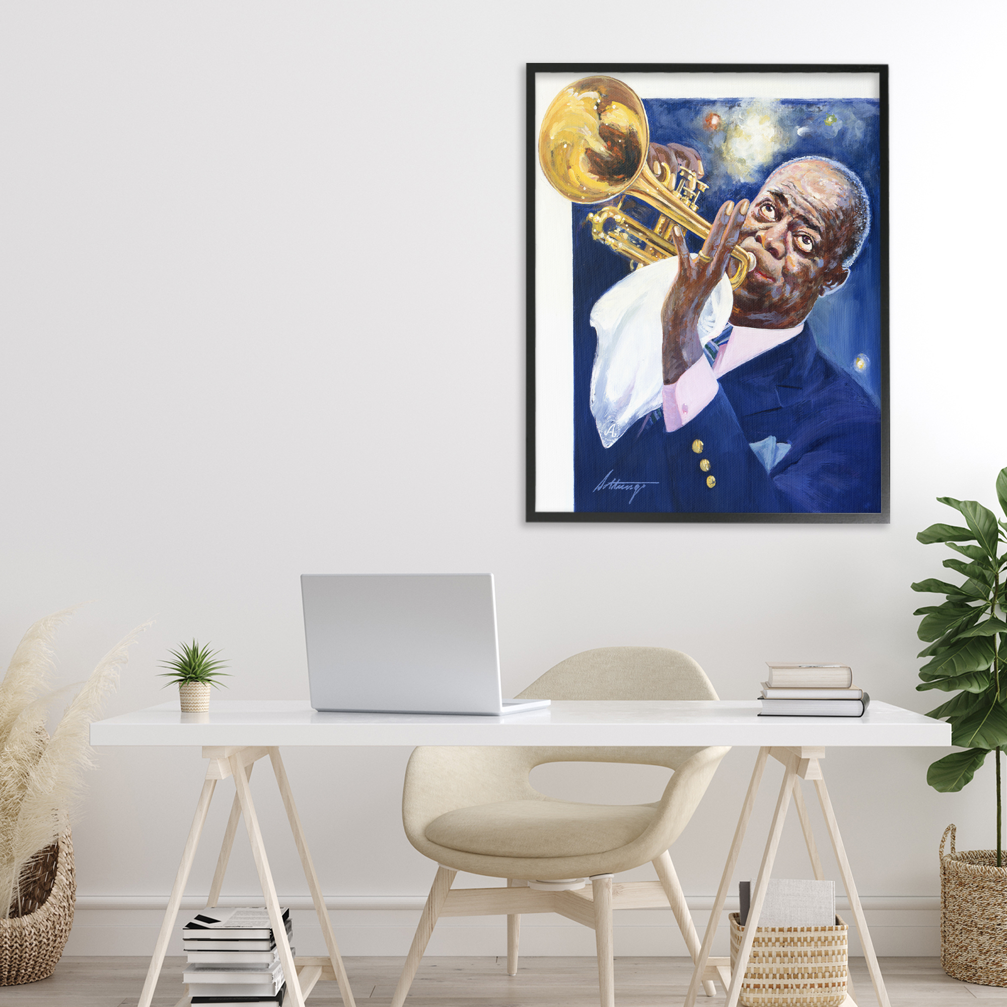 Louis Armstrong Portrait Black Framed Giclee Art, design by Wind River Studios