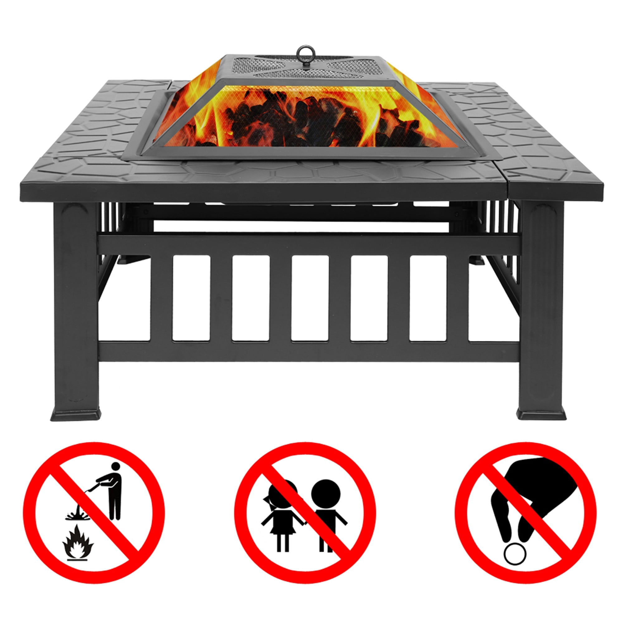 Outdoor Fire Stove, 32 Inch Portable Fire Pit with Mesh Lid, BBQ Grill, Grate and Poker, Square Metal Bonfire Wood Burning Fire Stove for Picnic, Party, Camping, Backyard, Lawn, D3664
