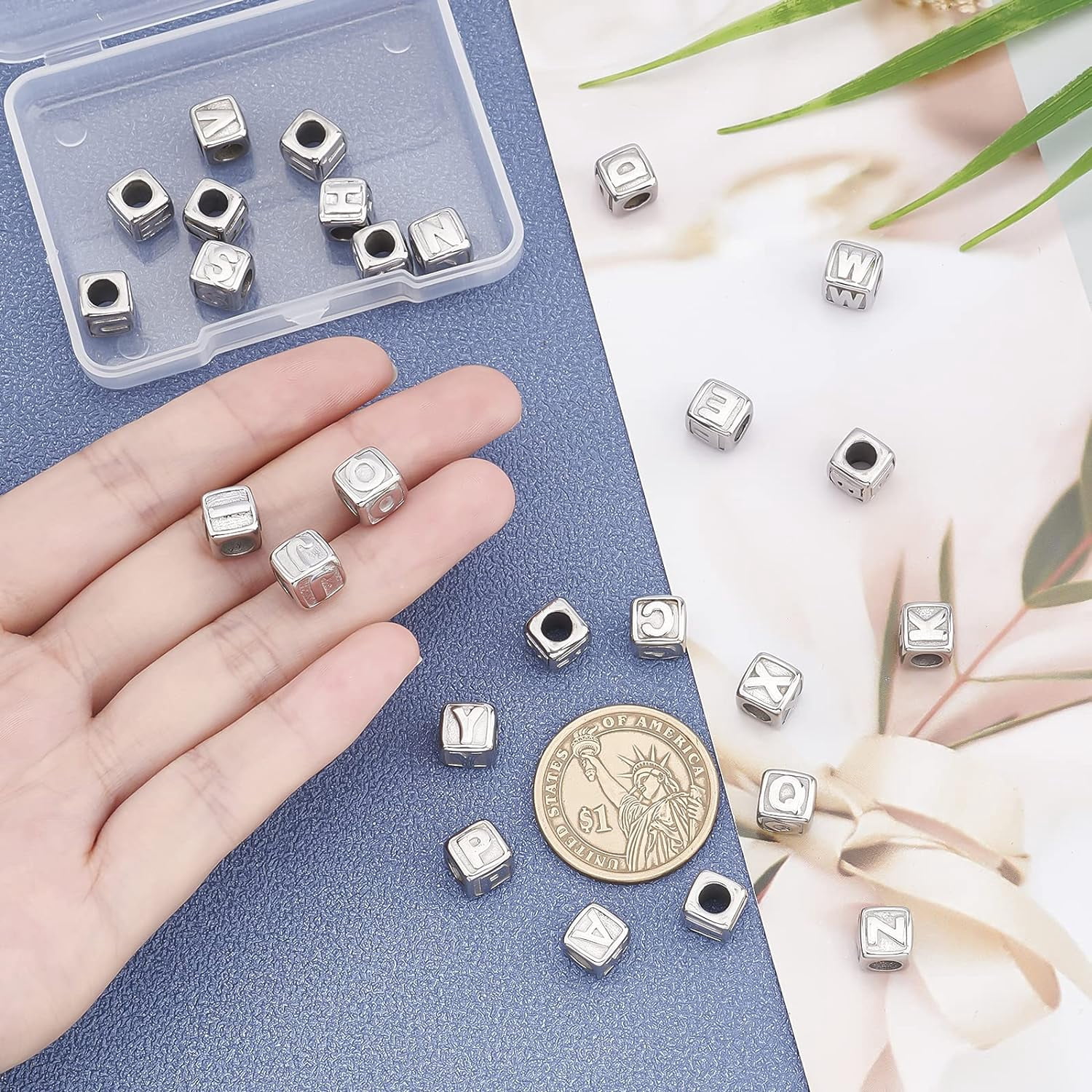 26pcs 8mm Cube Bead with Letter A-Z Spacer Beads Stainless Steel European Beads 4mm Large Hole Metal Stopper Beads for Jewelry Making Colorful
