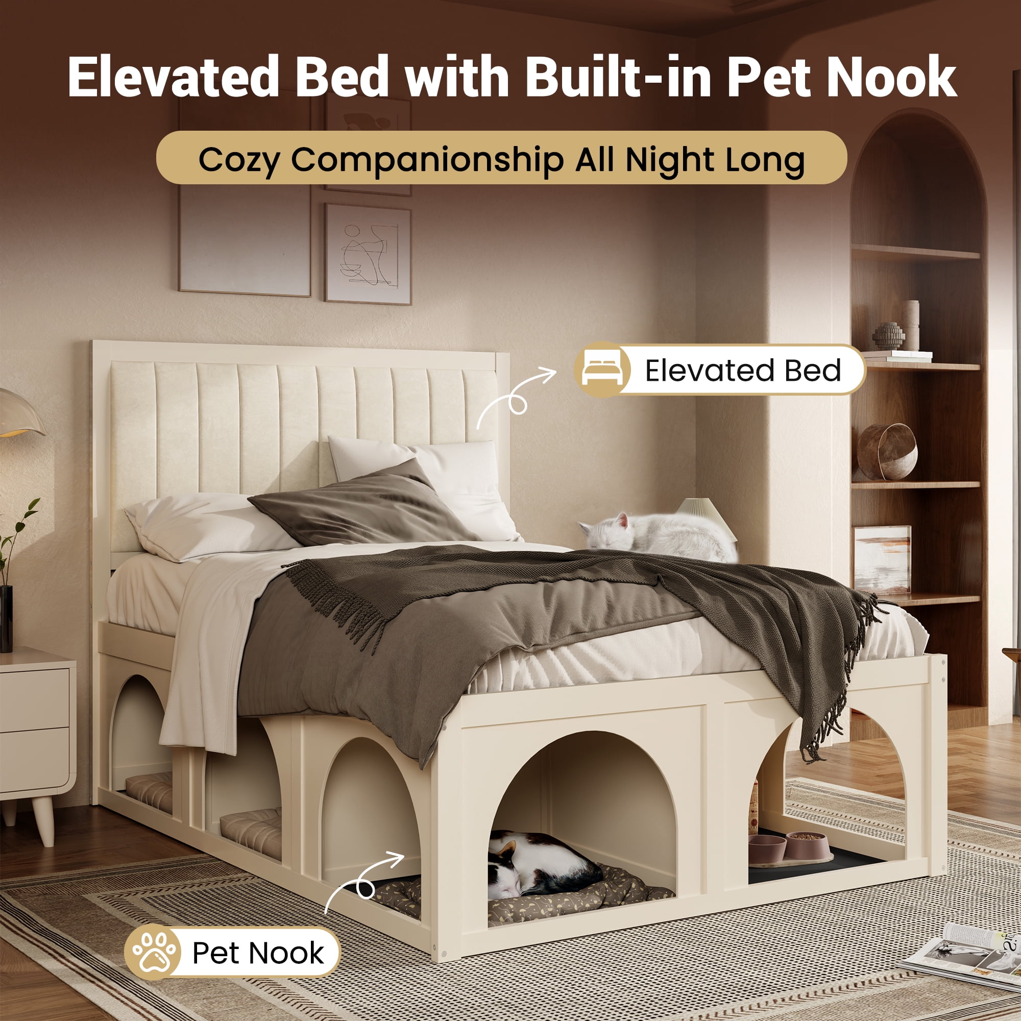 Mintazer Full Size Upholstered Platform Bed Frame with Under‑Bed Pet Nook, Channel Tufted Headboard Bed for Bedroom, Beige