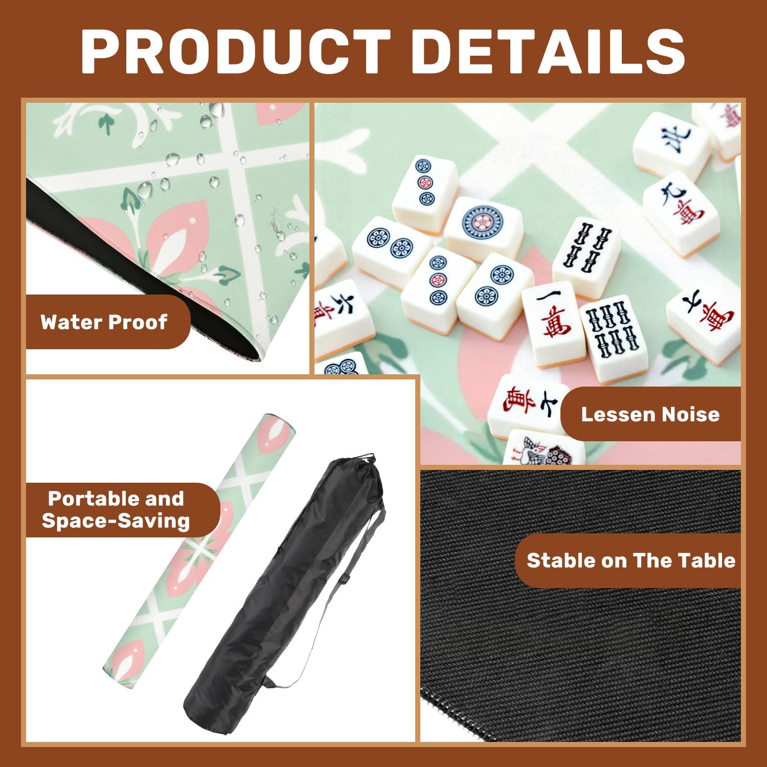 Mahjong Mat 31.5" x 31.5" Pastel Floral Geometric Pink Flowers Green Diamond Non-Slip Noise Reduction American Mahjong Tiles Table Cover for Dominoes Poker Card Board Games Gift