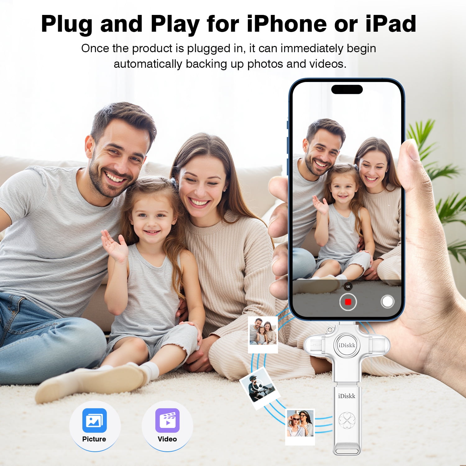 iDiskk 128GB 3-in-1 Flash Drive Auto Secure Backup - Memory Stick Storage to Transfer & Backup Photos, Videos for iPhone,iPad, Android, Mac & PC Zinc Alloy